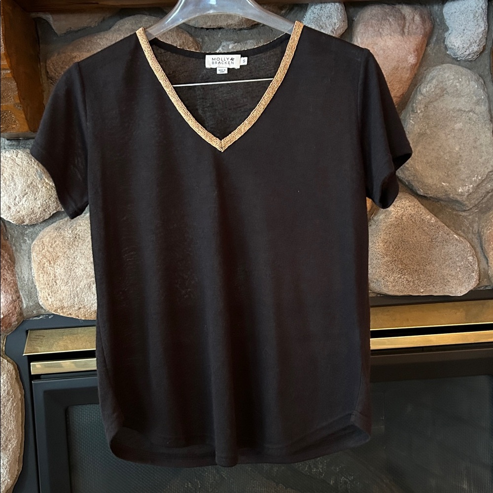 Molly Bracken Black Gold Embellished V Neck Short Sleeve Tee, Size S